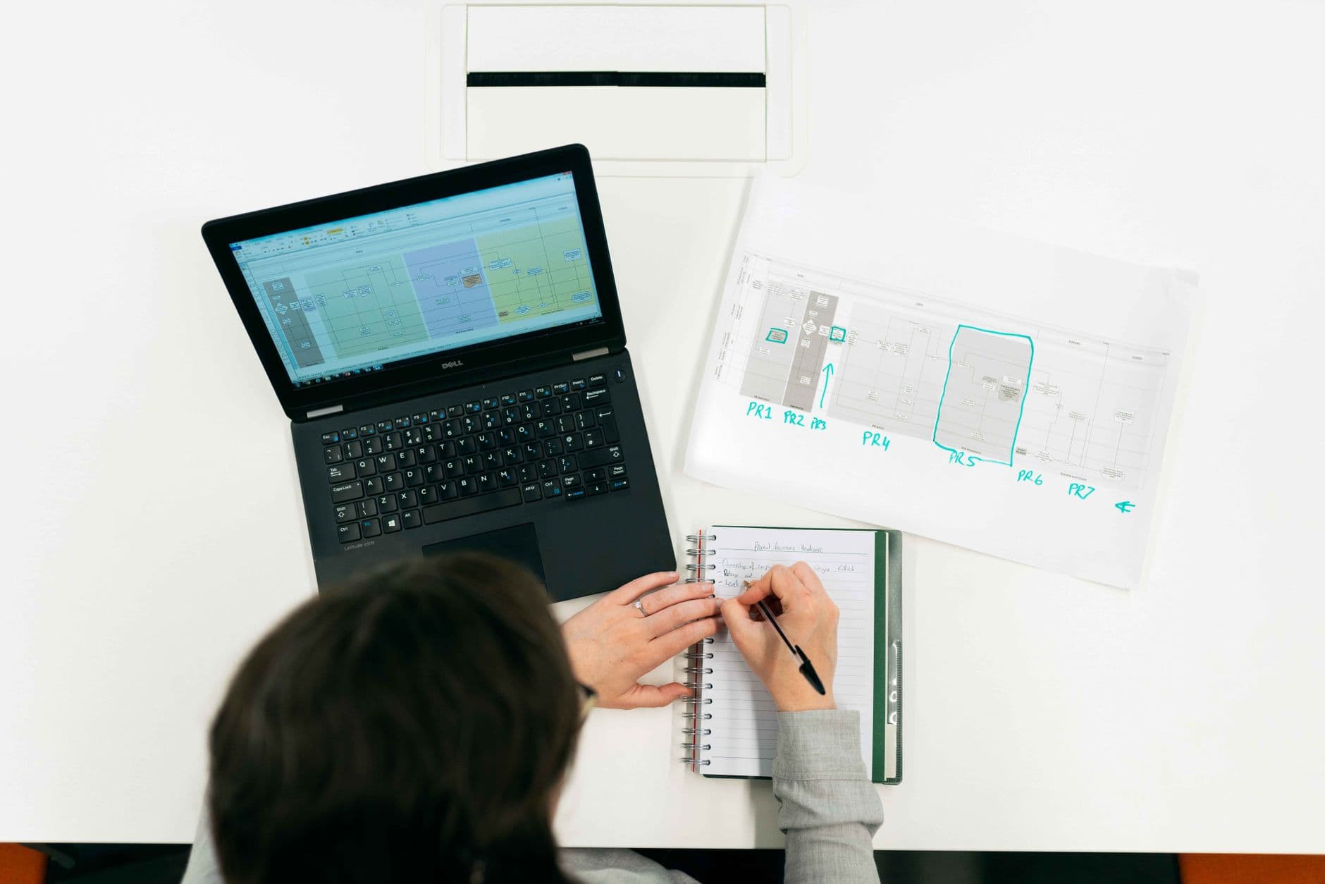 A person working on a laptop, making notes from digital data and charts in an office setting.